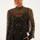 Embroidered Bubble Tulle Black Blouse
