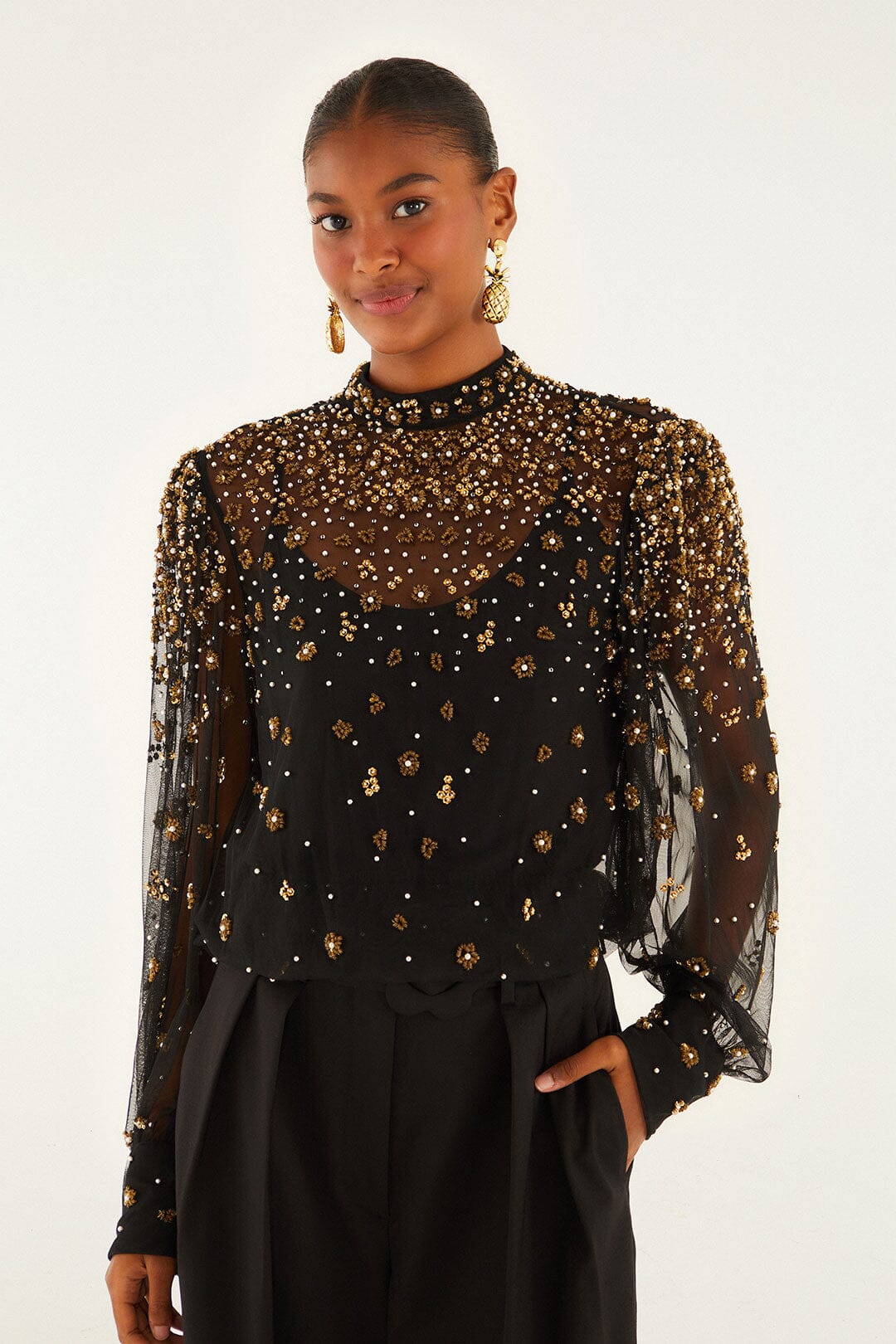 Embroidered Bubble Tulle Black Blouse