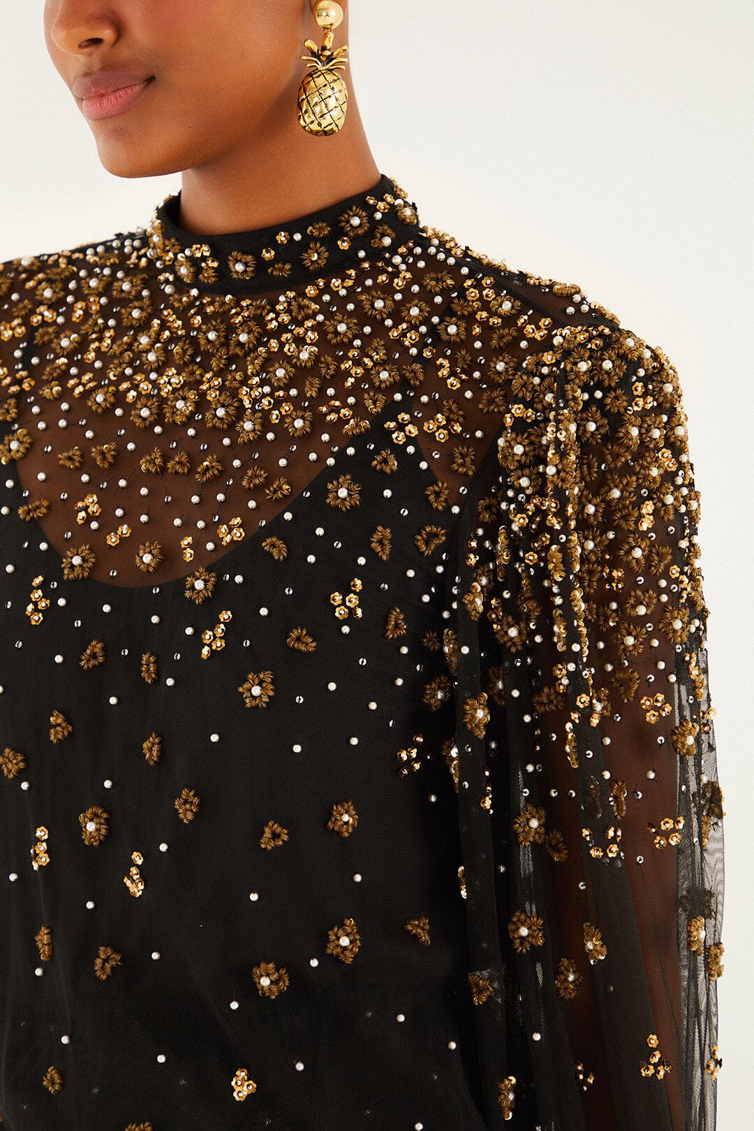 Embroidered Bubble Tulle Black Blouse