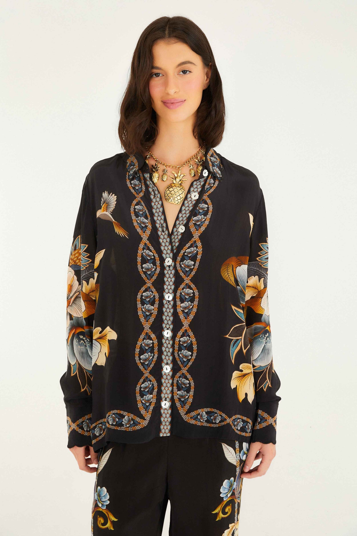 Snake Floral Black Button Up Shirt