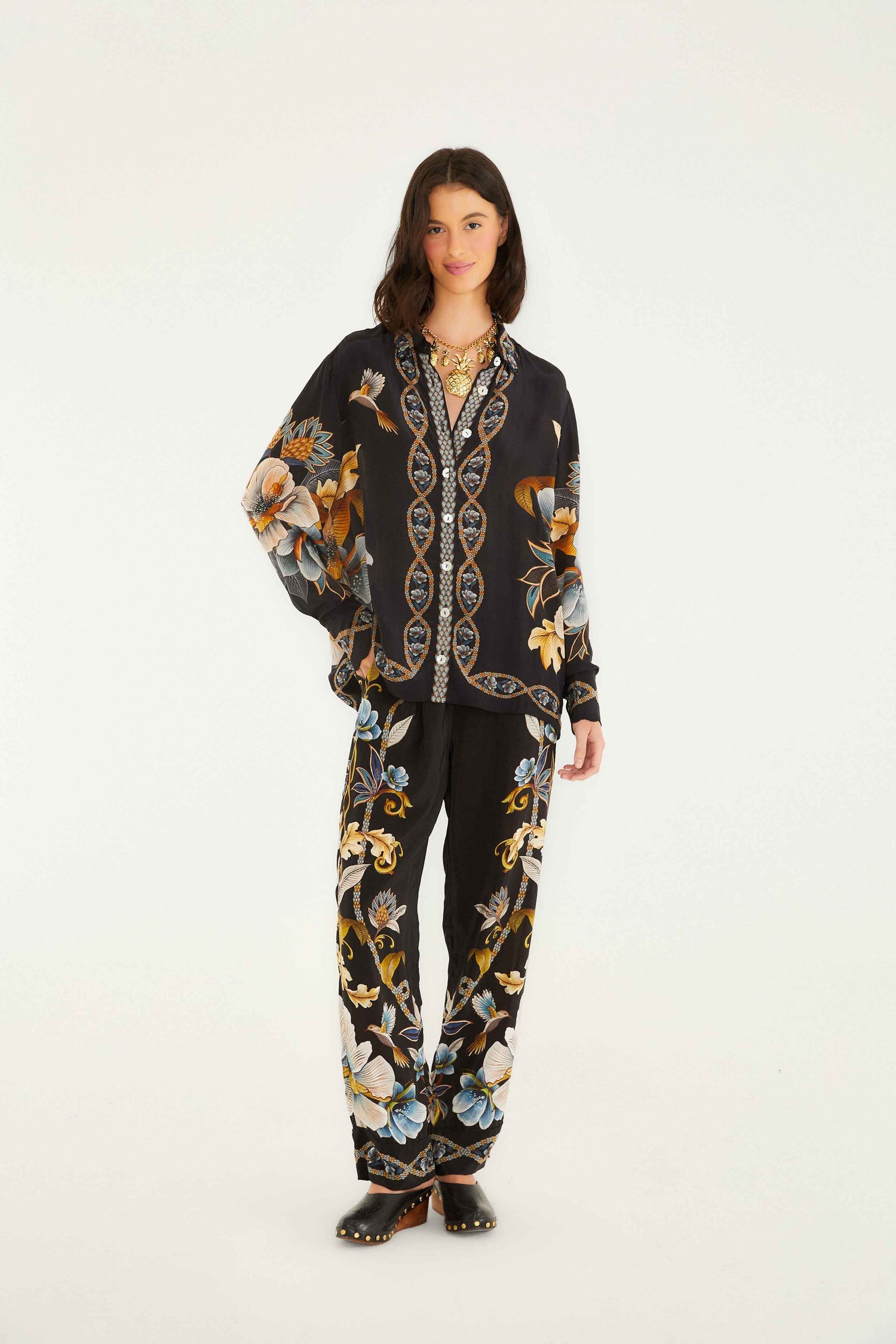 Snake Floral Black Button Up Shirt