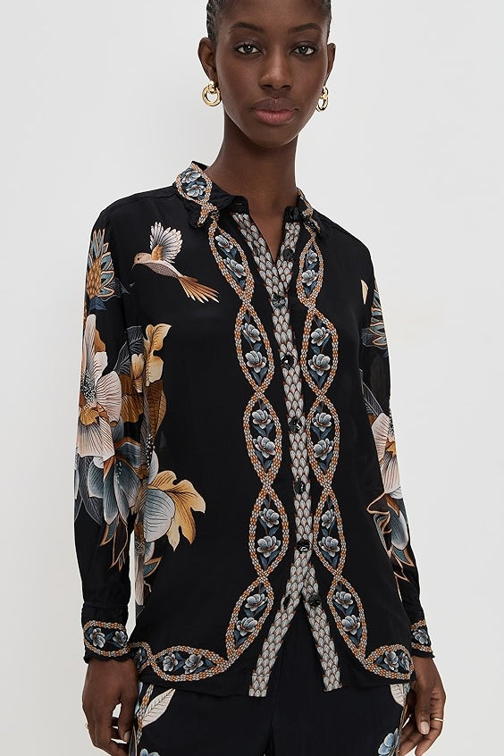 Snake Floral Black Button Up Shirt