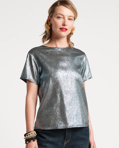 Fashion Tee Shirt Empire State Shine Metallic Twill Stretch Light Blue