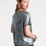Fashion Tee Shirt Empire State Shine Metallic Twill Stretch Light Blue