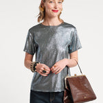 Fashion Tee Shirt Empire State Shine Metallic Twill Stretch Light Blue