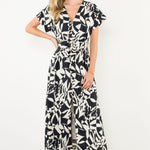 Black and White Printed V Maxi Dress