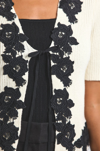 Maes Short Sleeve Cardigan with Lace Trim Black