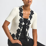 Maes Short Sleeve Cardigan with Lace Trim Black