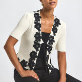 Maes Short Sleeve Cardigan with Lace Trim Black