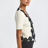 Maes Short Sleeve Cardigan with Lace Trim Black