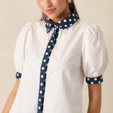 Penny Button Front Top Ivory/Navy Dot