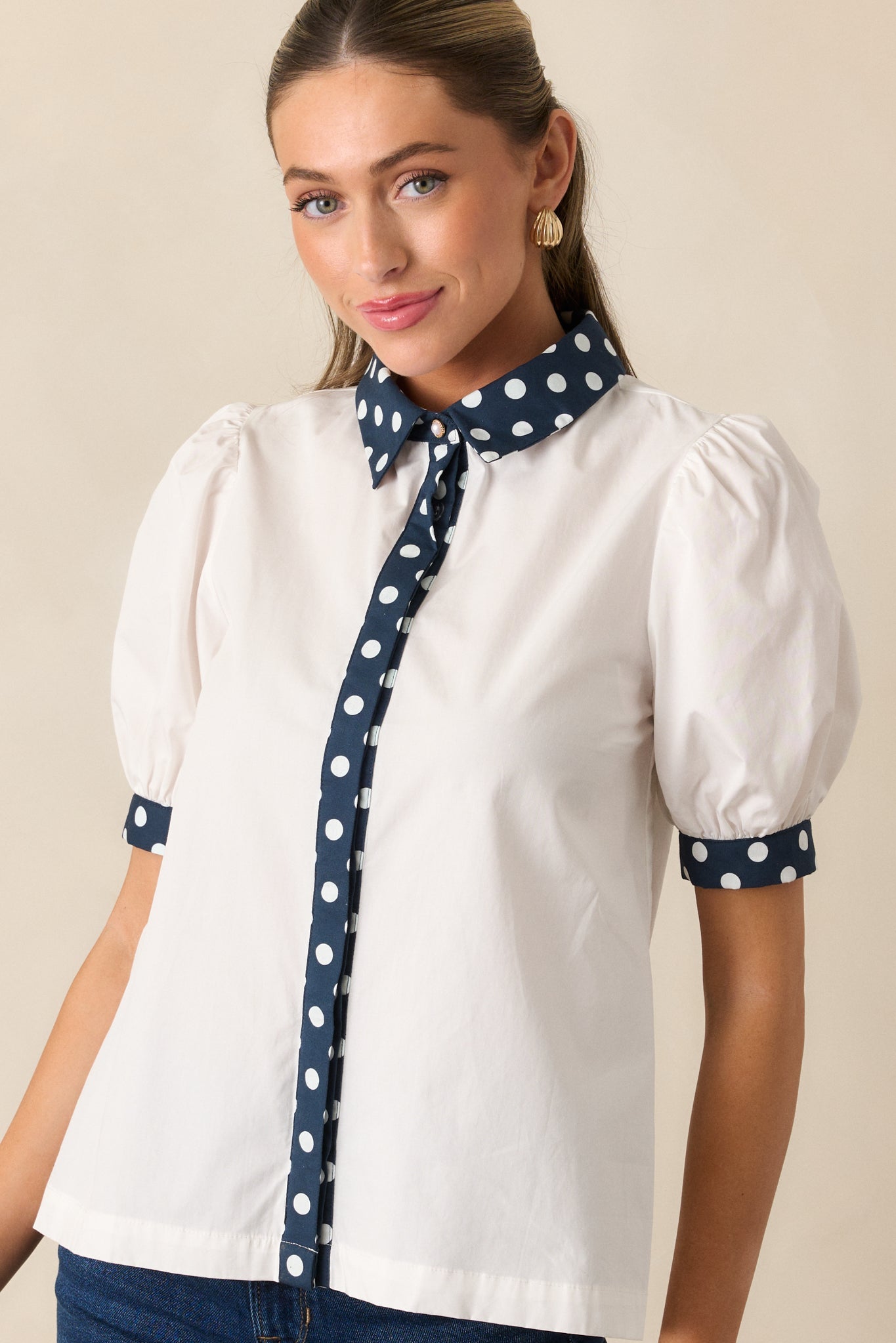 Penny Button Front Top Ivory/Navy Dot