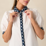 Penny Button Front Top Ivory/Navy Dot