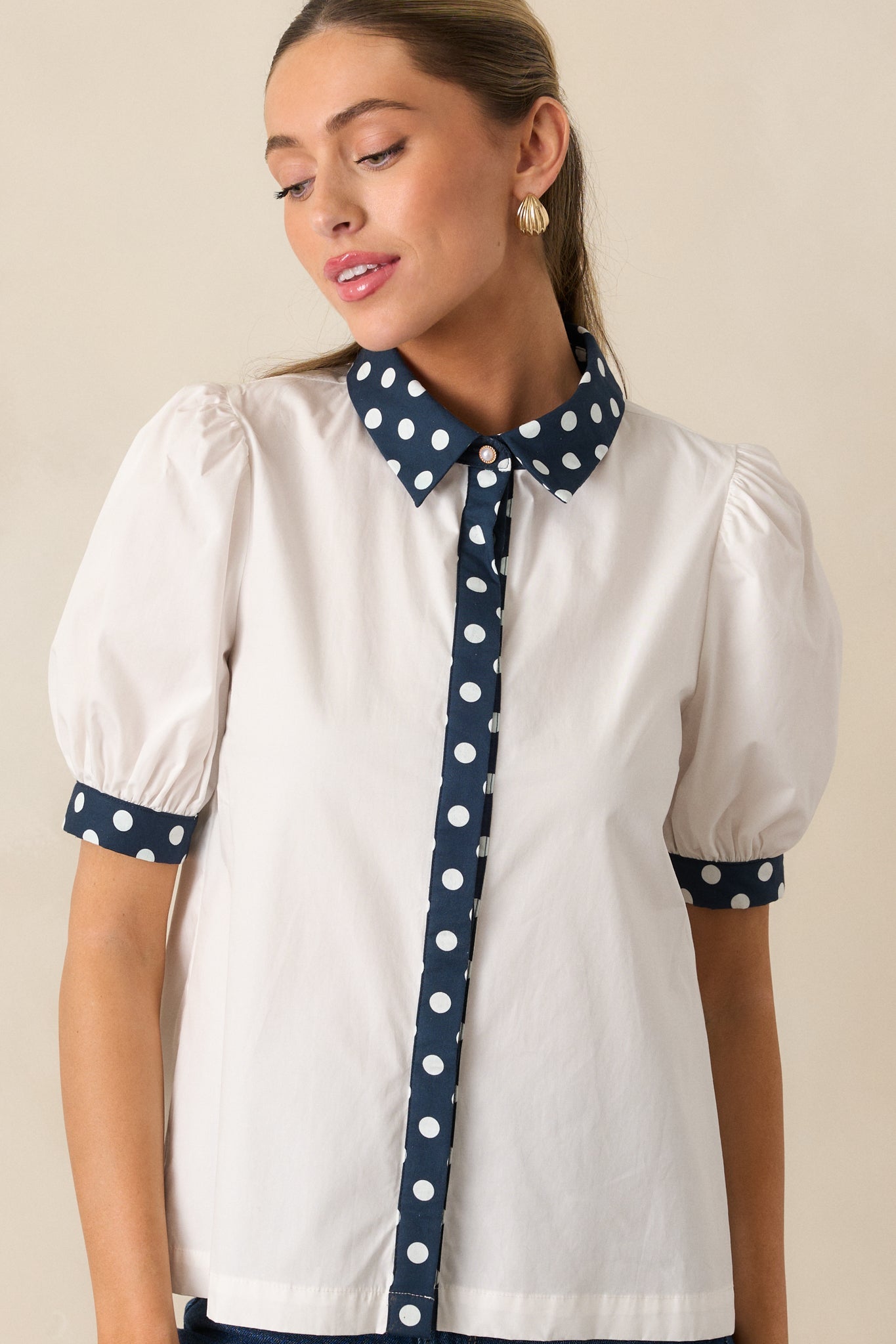 Penny Button Front Top Ivory/Navy Dot