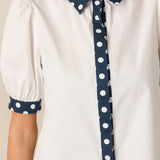 Penny Button Front Top Ivory/Navy Dot