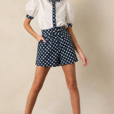 Penny Button Front Top Ivory/Navy Dot